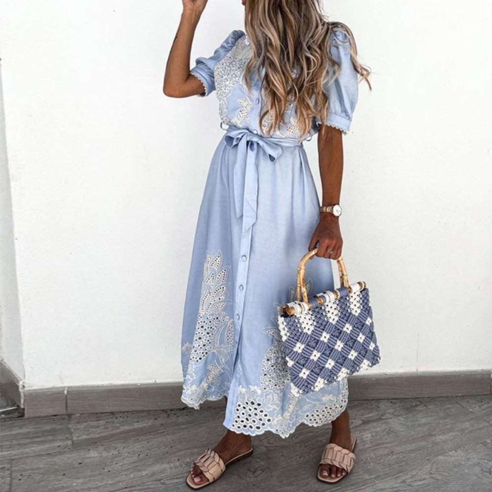 Blue Embroidered Dress - Small